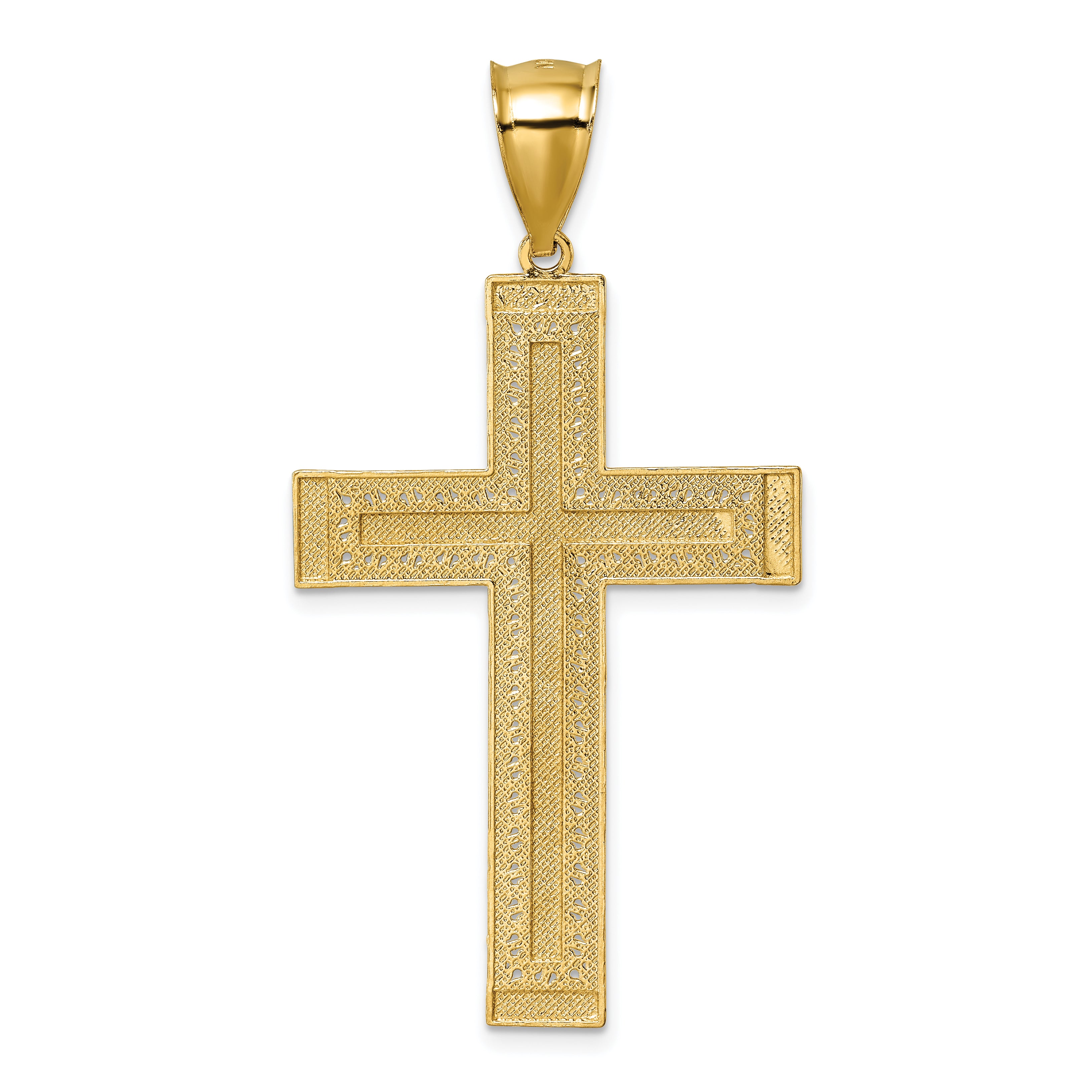 14k Polished w/Rhodium Diamond-cut Textured Fancy Cross Pendant
