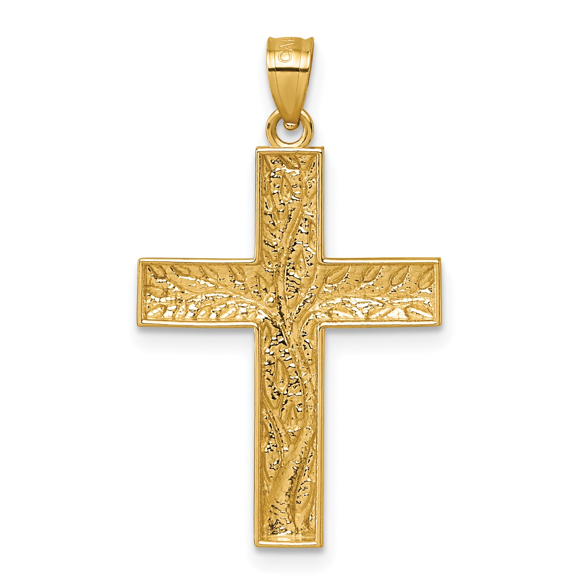 14k & Rhodium Polished Floral Tree Leaves Cross Pendant