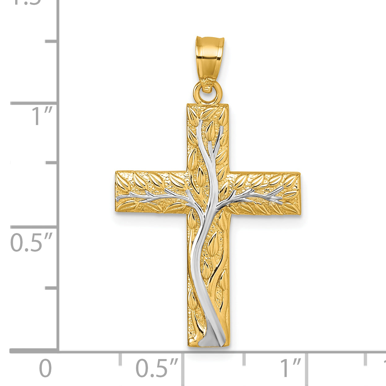 14k & Rhodium Polished Floral Tree Leaves Cross Pendant