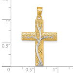 14k & Rhodium Polished Floral Tree Leaves Cross Pendant