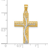 14k & Rhodium Polished Floral Tree Leaves Cross Pendant