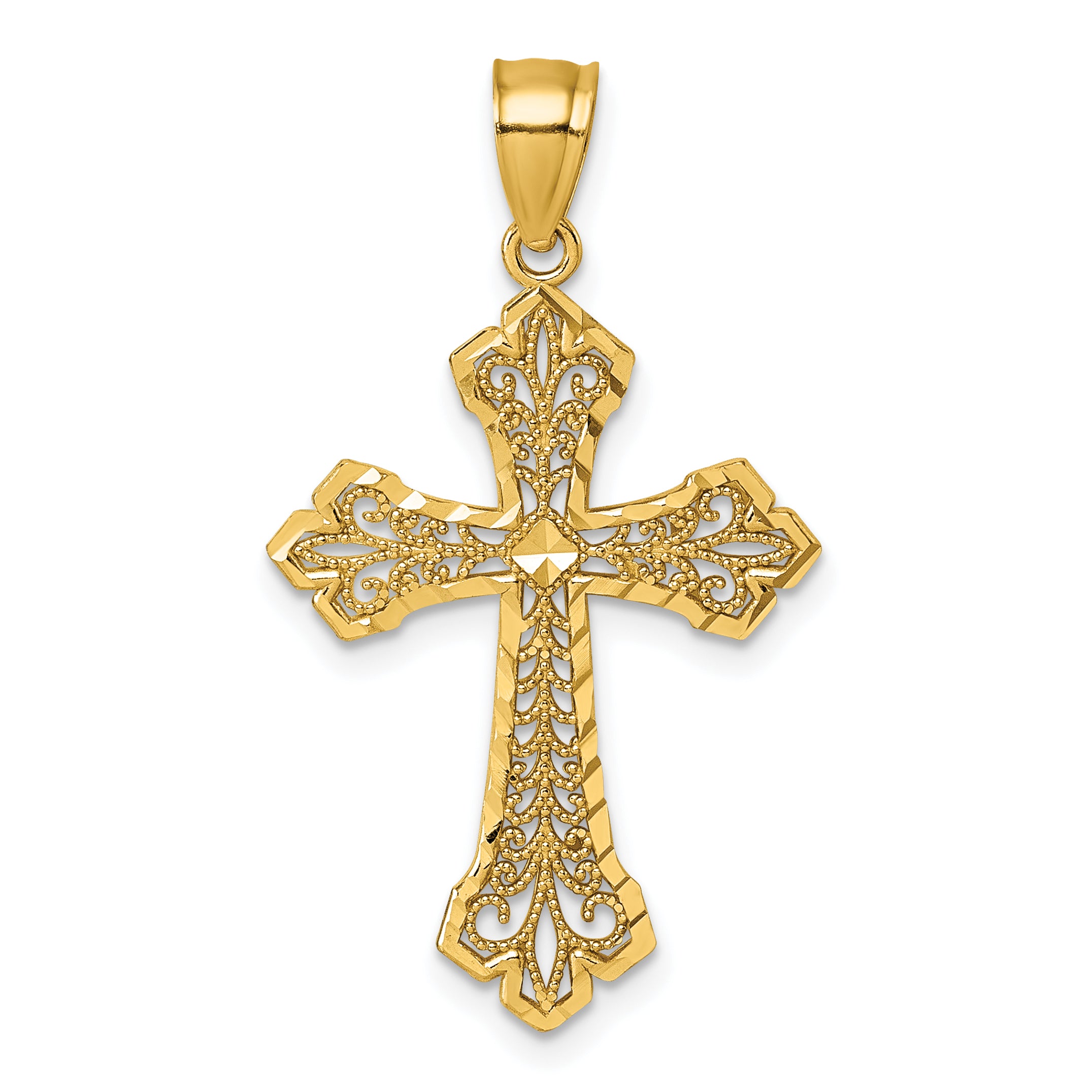 14k Polished Diamond-cut Filigree Textured Fancy Cross Pendant