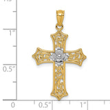 14k and Rhodium Polished Floral Cross Pendant