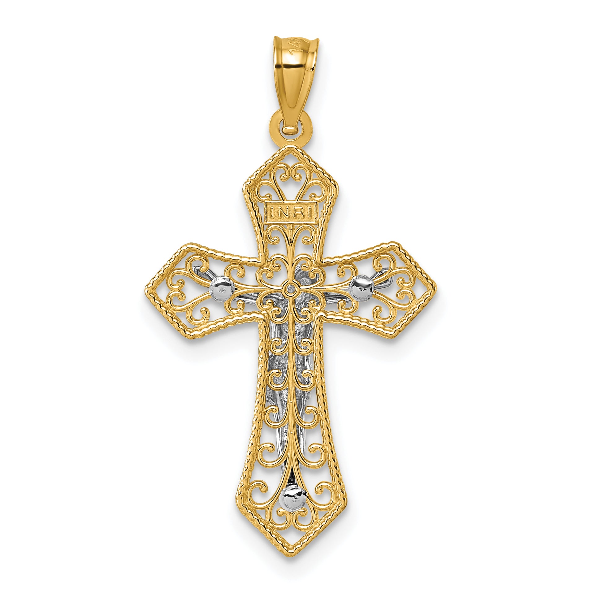 14k Two-tone Polished and Beaded Fancy Crucifix Pendant