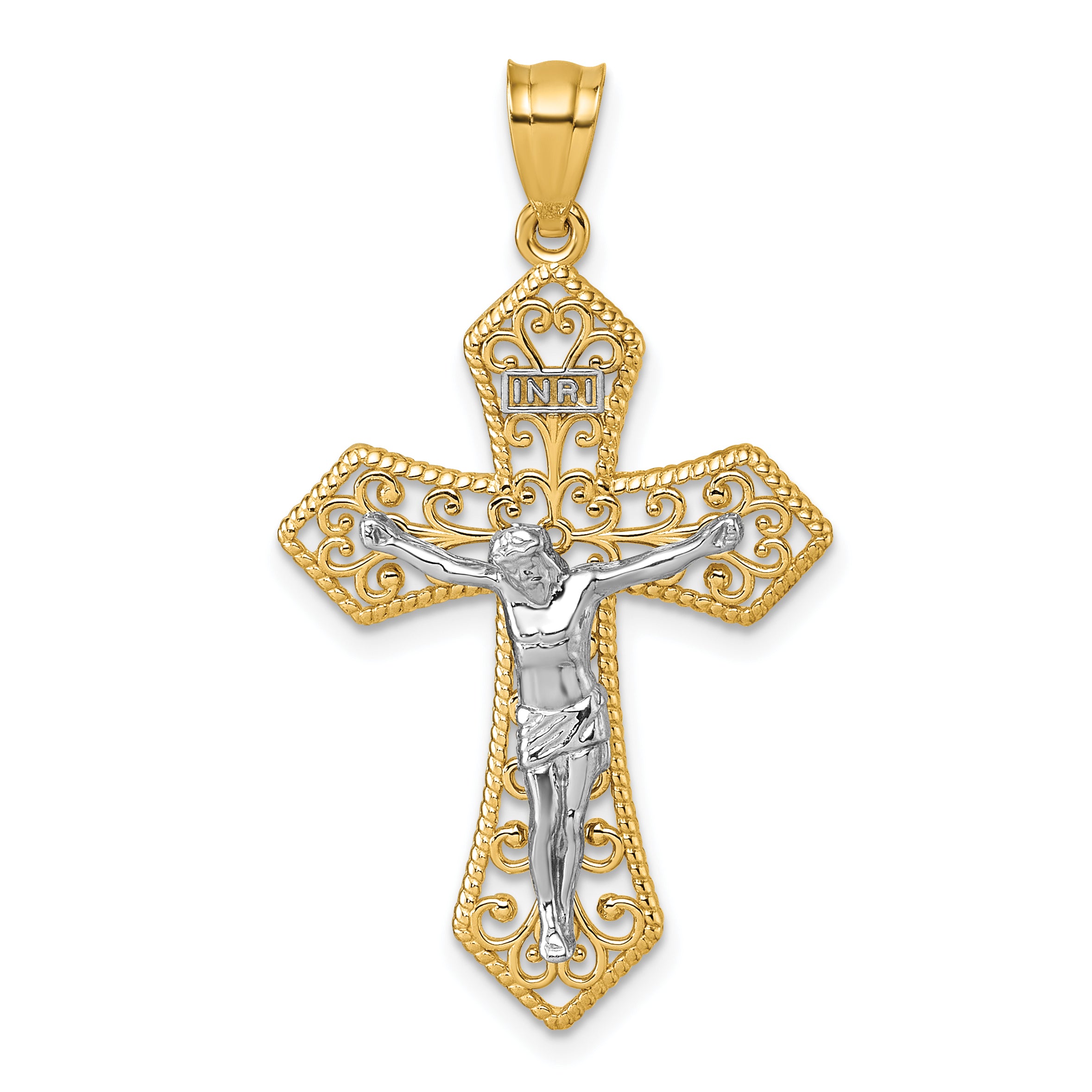 14k Two-tone Polished And Beaded Fancy Crucifix Pendant