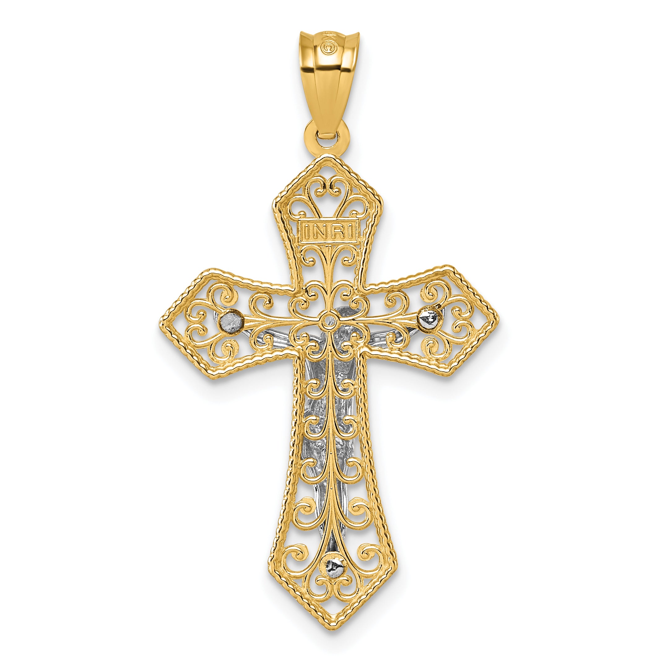 14k Two-tone Polished And Beaded Fancy Crucifix Pendant