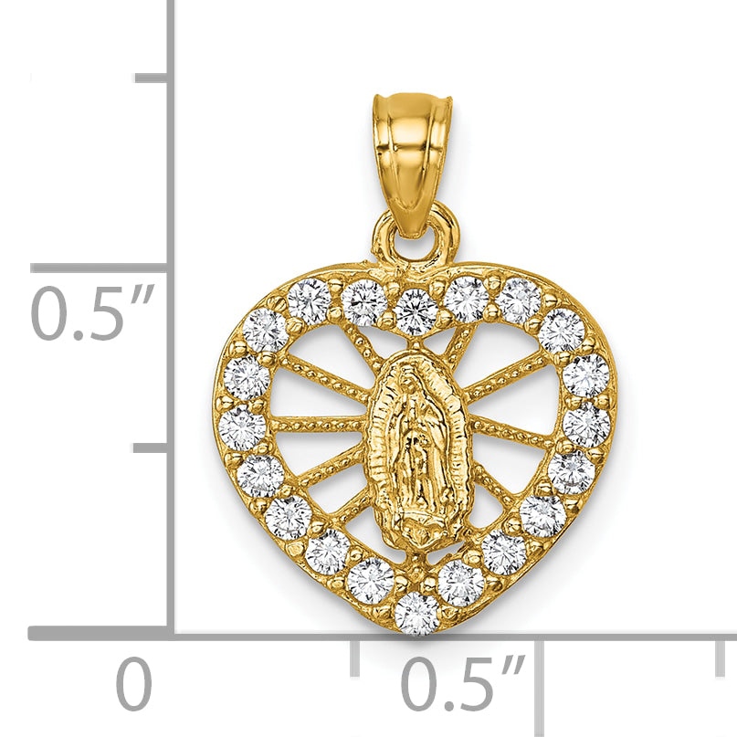 14k Polished CZ Heart Our Lady of Guadalupe Pendant