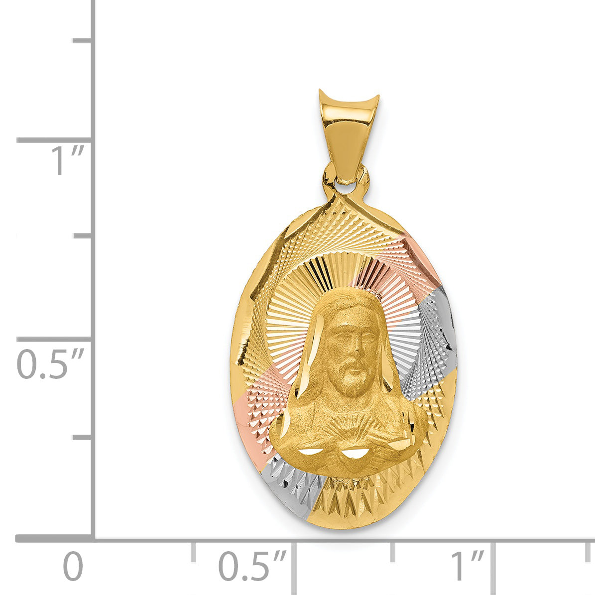 14K w/Rose and White Rhodium D/C Sagrado Corazon Oval Pendant