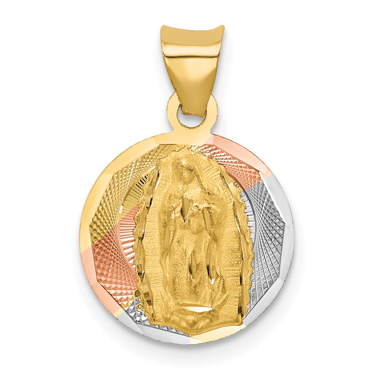14K w/Rhodium Polished D/C Lady Of Guadalupe Circle Pendant