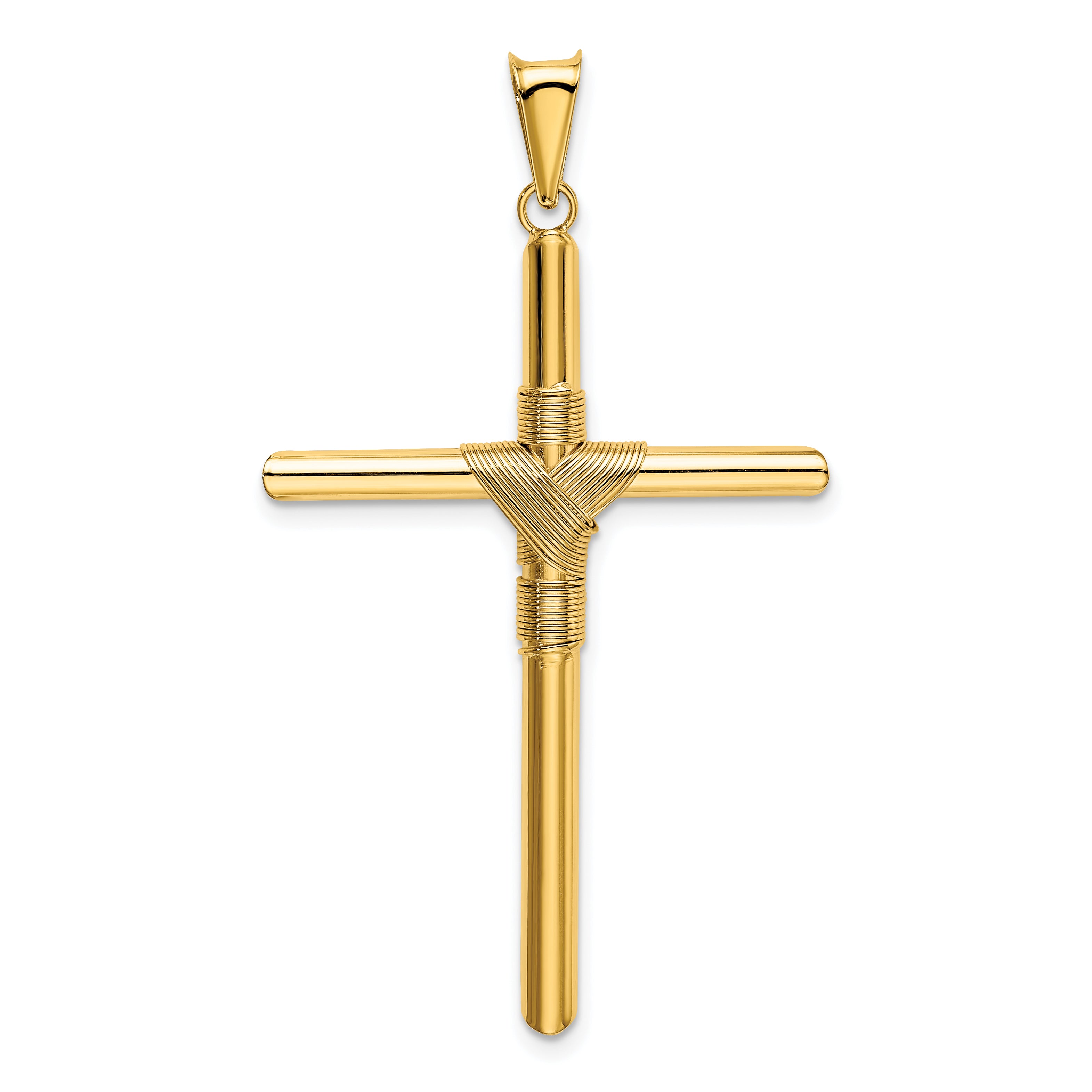 14K Polished w/Center Wrap Tube Cross Pendant