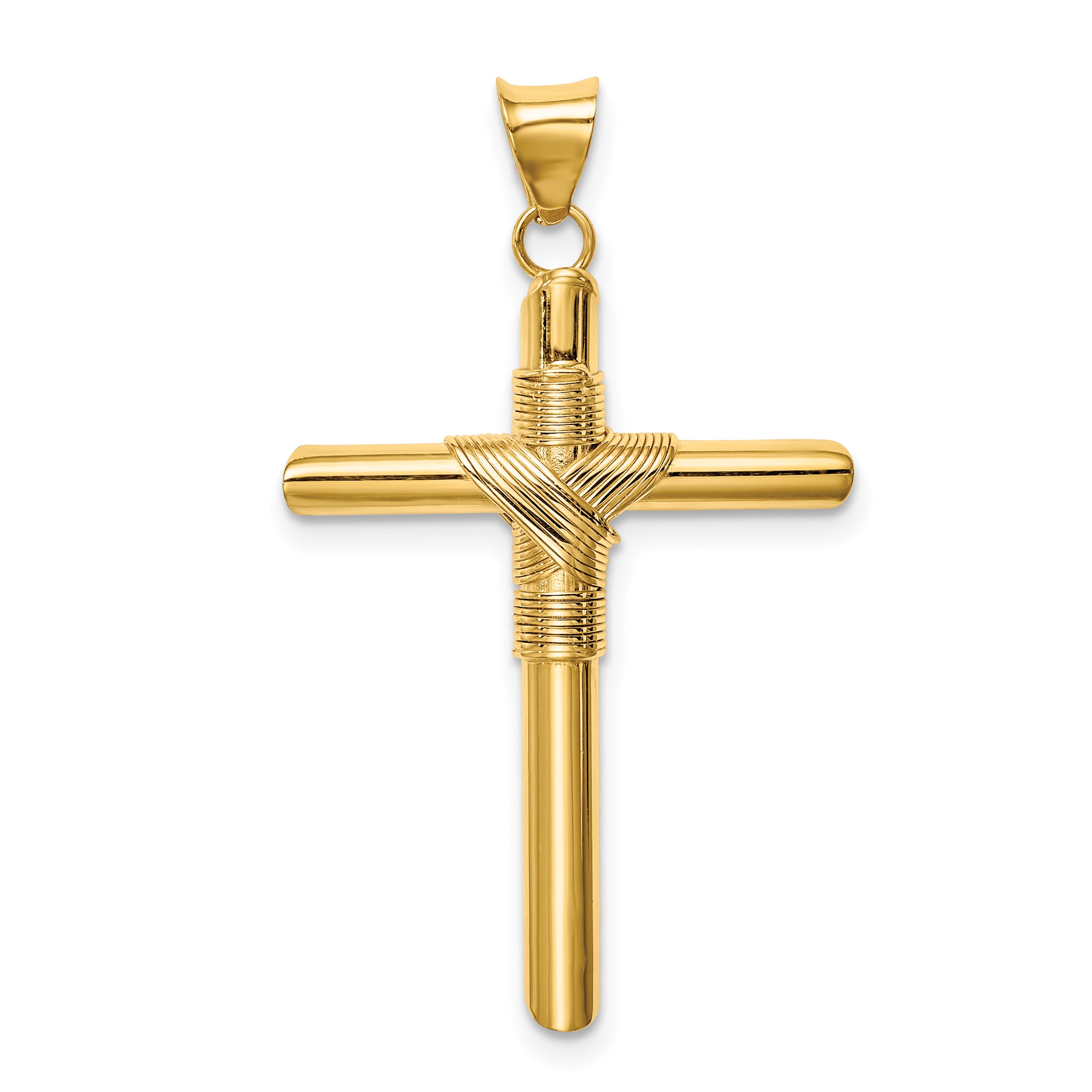 14K Polished w/Center Wrap Tube Cross Pendant