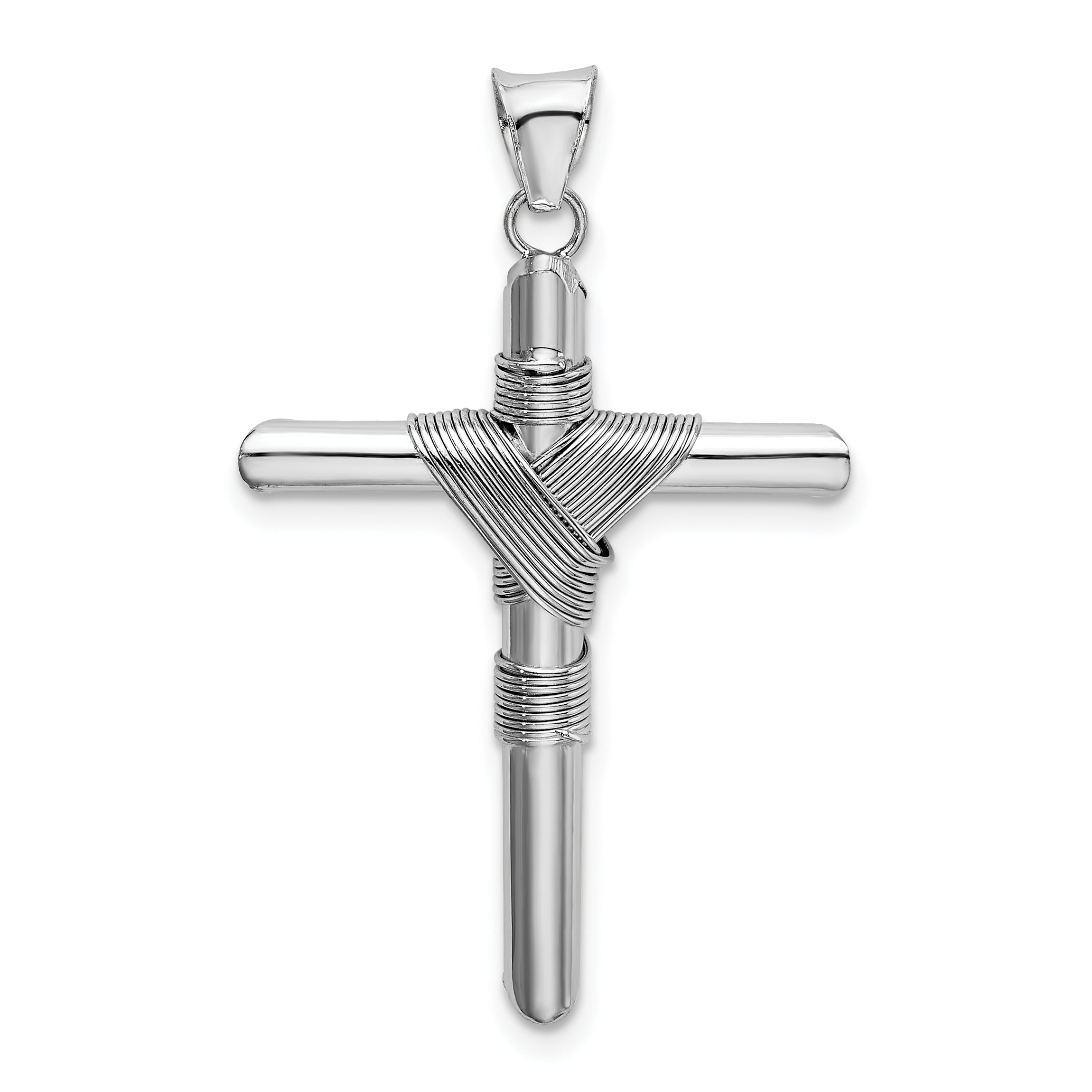 14K White Gold w/Center Wrap Tube Cross Pendant