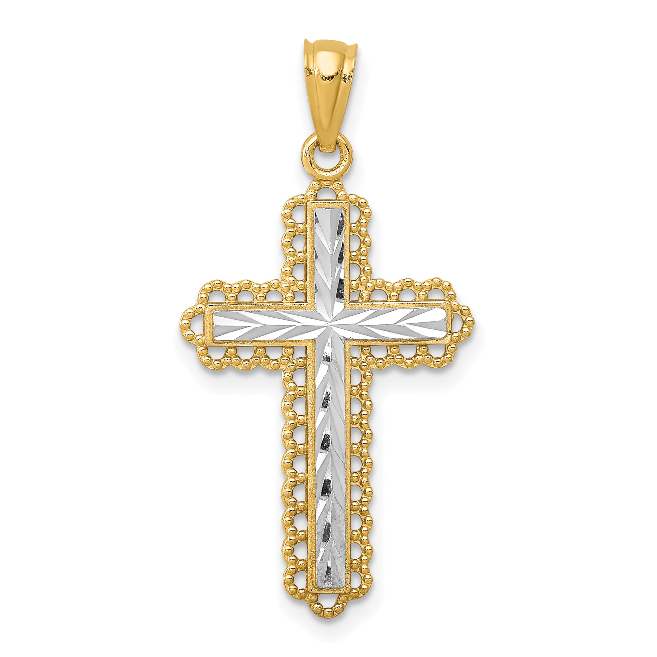 14k w/Rhodium Diamond-cut Budded Cross Pendant