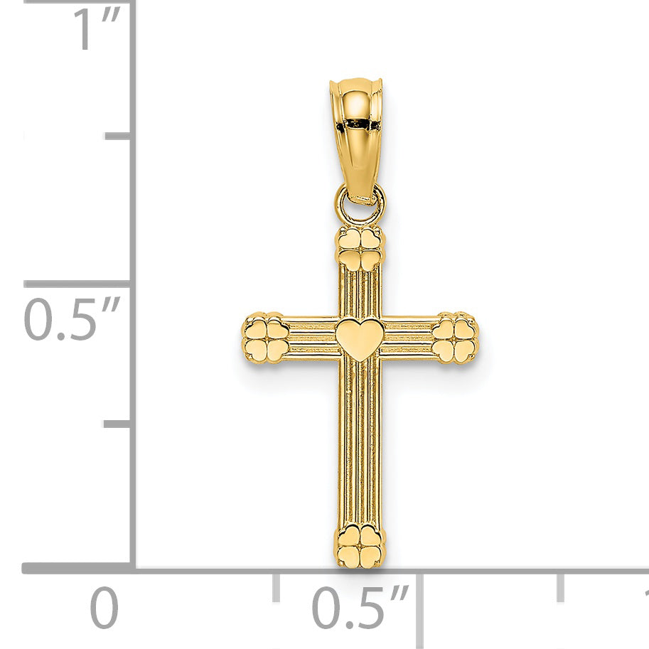 14K Textured w/ Center Heart Small Cross Charm