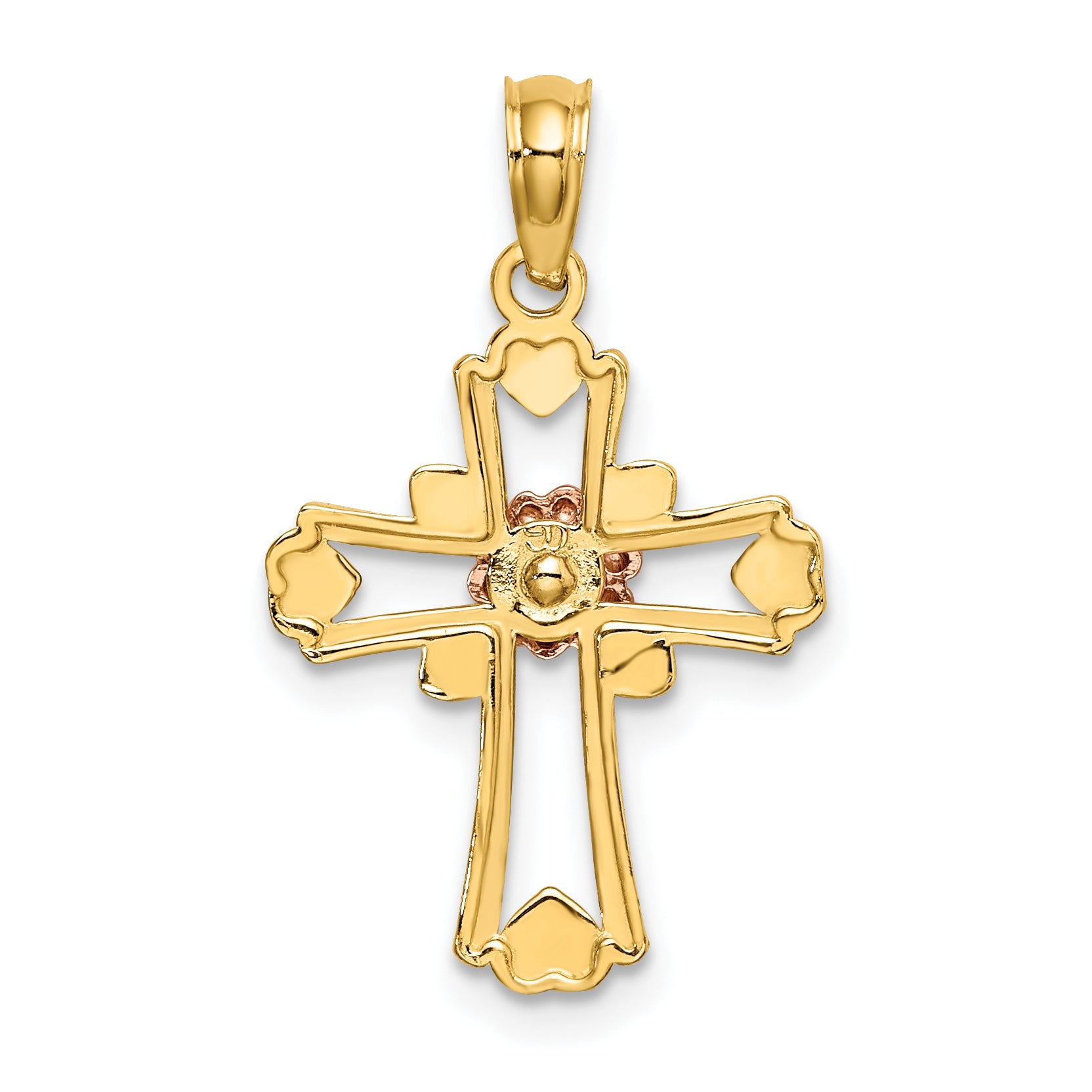 14K Two-tone w/White Rhodium Cross w/Flower and Heart Charm