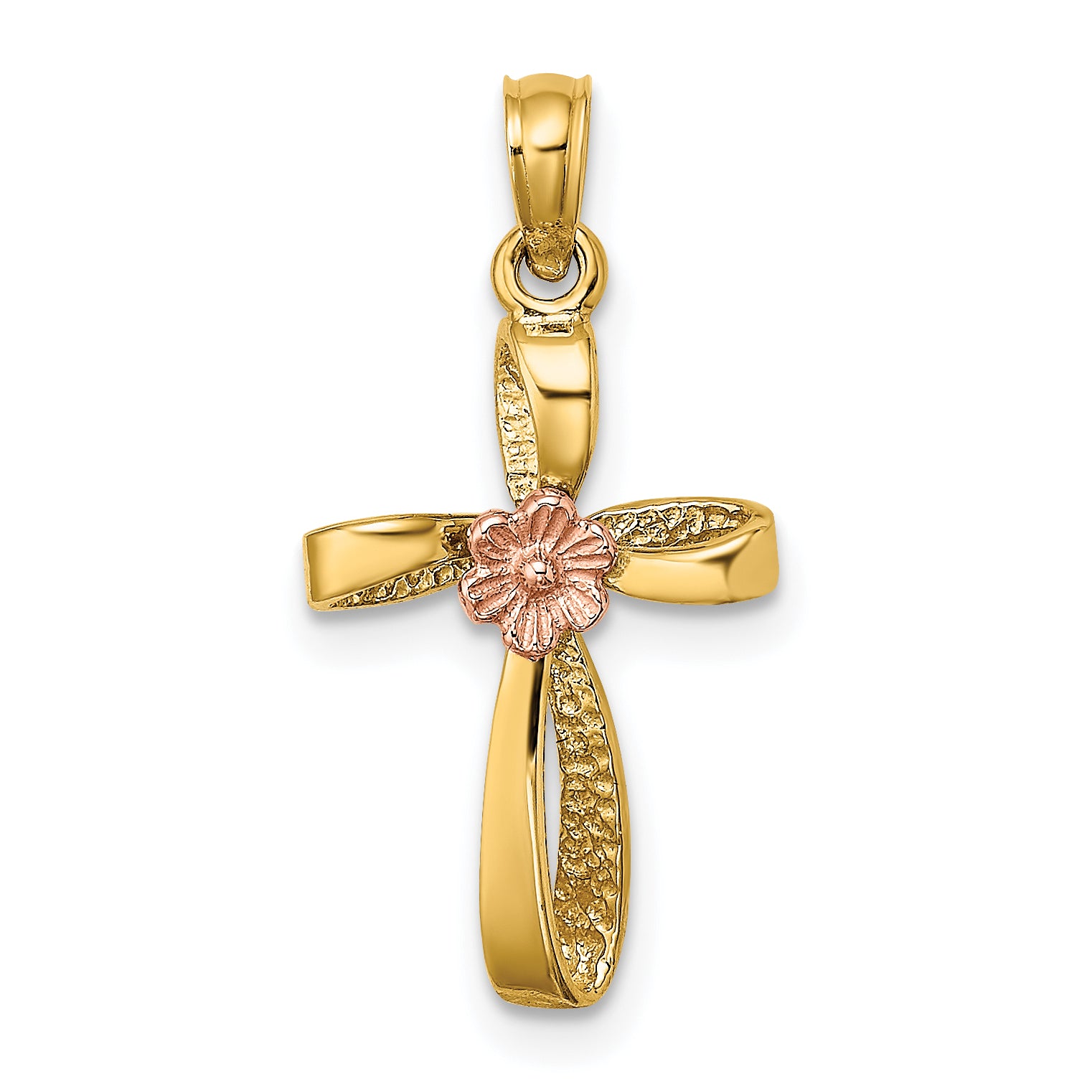 14k Two-Tone Twisted Cross w/ Flower Charm