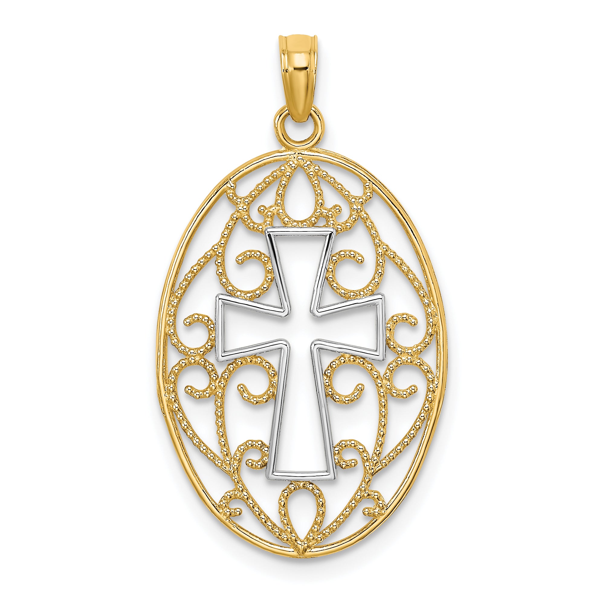 14K w/Rhodium Beaded Filigree Cross Charm
