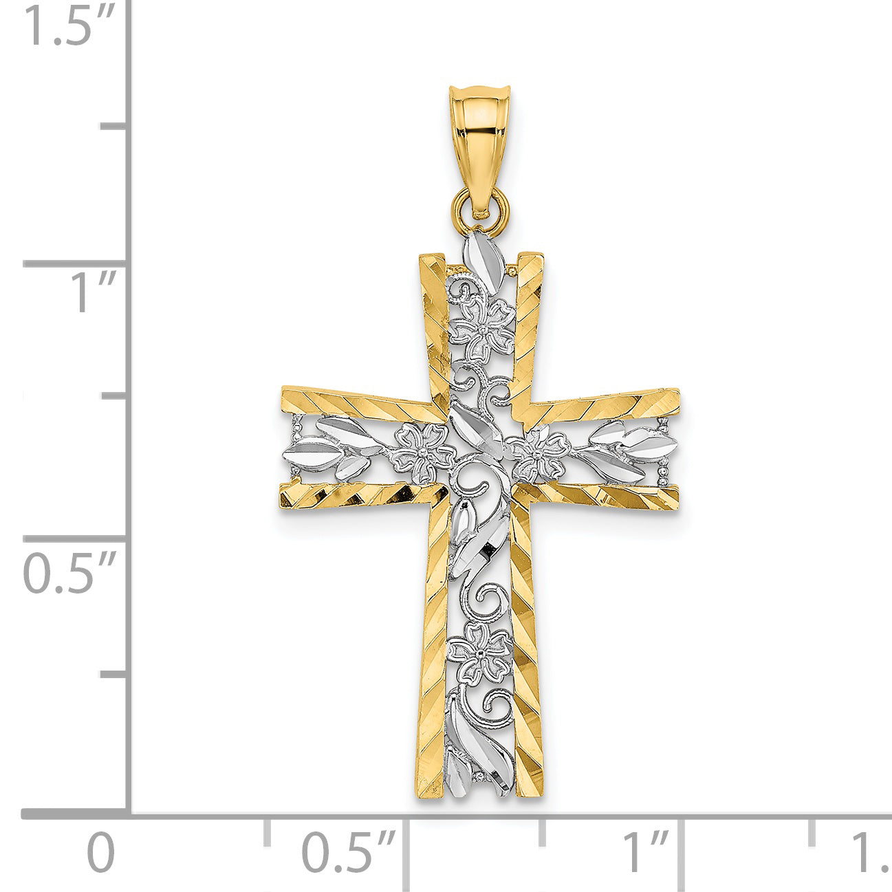 14K W/ Rhodium and D/C Flower Design Cross Charm