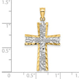 14K W/ Rhodium and D/C Flower Design Cross Charm