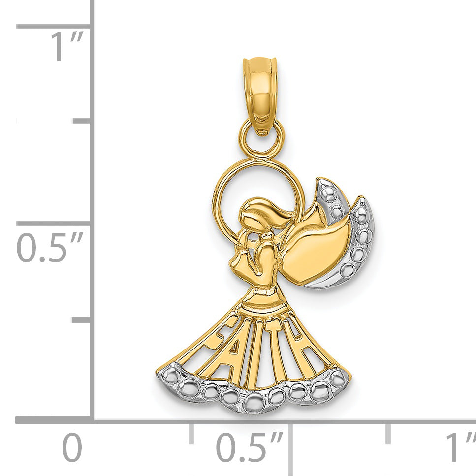 14K w/Rhodium Polished and Textured Angel W/ Faith Charm