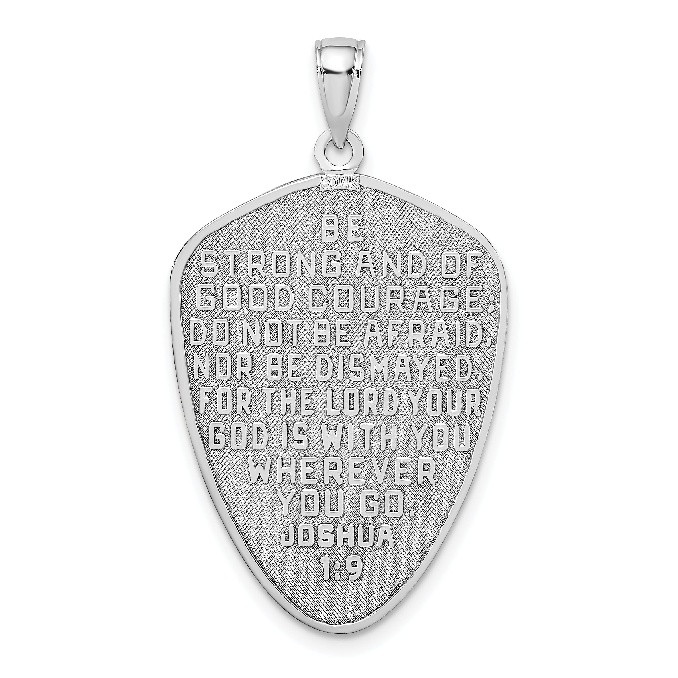 14k White Gold Cross Shield w/ Joshua 1:9 On Reverse Charm