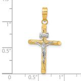 14K w/White Rhod Polished & Textured INRI Crucifix Cross Pendant