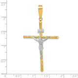 14K w/White Rhod Polished & Textured INRI Crucifix Cross Pendant