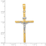 14K w/White Rhod Polished & Textured INRI Crucifix Cross Pendant
