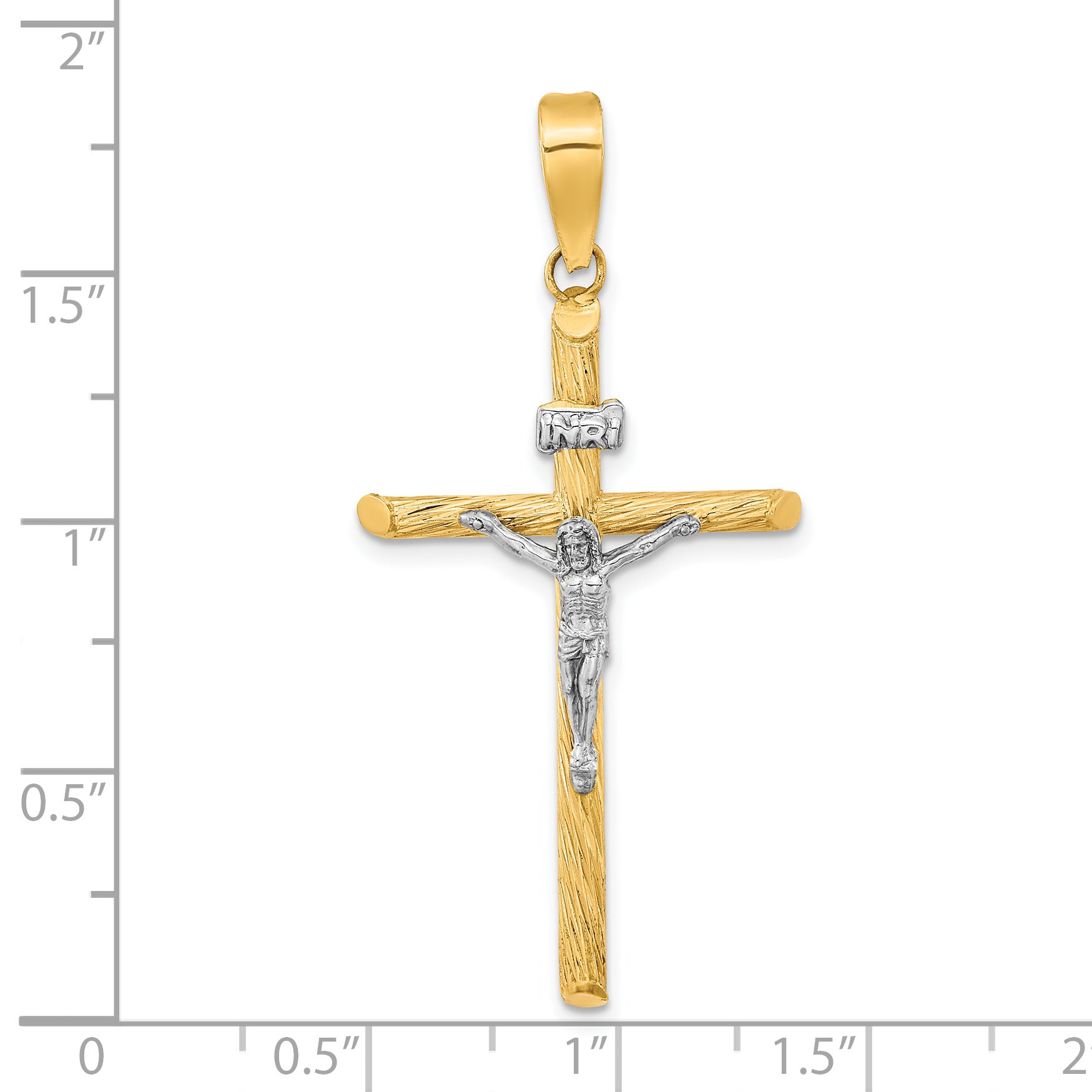 14K w/White Rhod Polished & Textured INRI Crucifix Cross Pendant