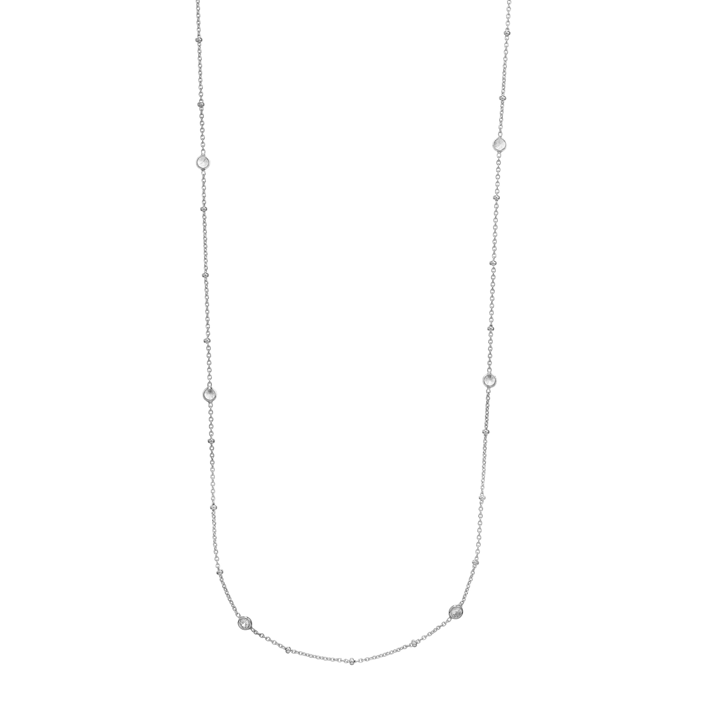 Sterling Silver Mini Bead and CZ Bezel Station Long Necklace