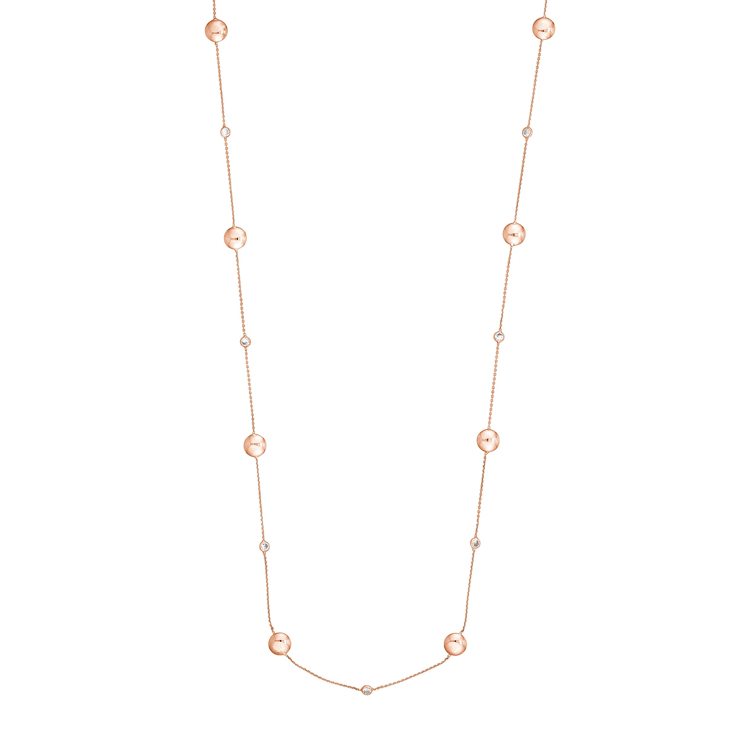 Sterling Silver Polished Bead and CZ Station Long Necklace