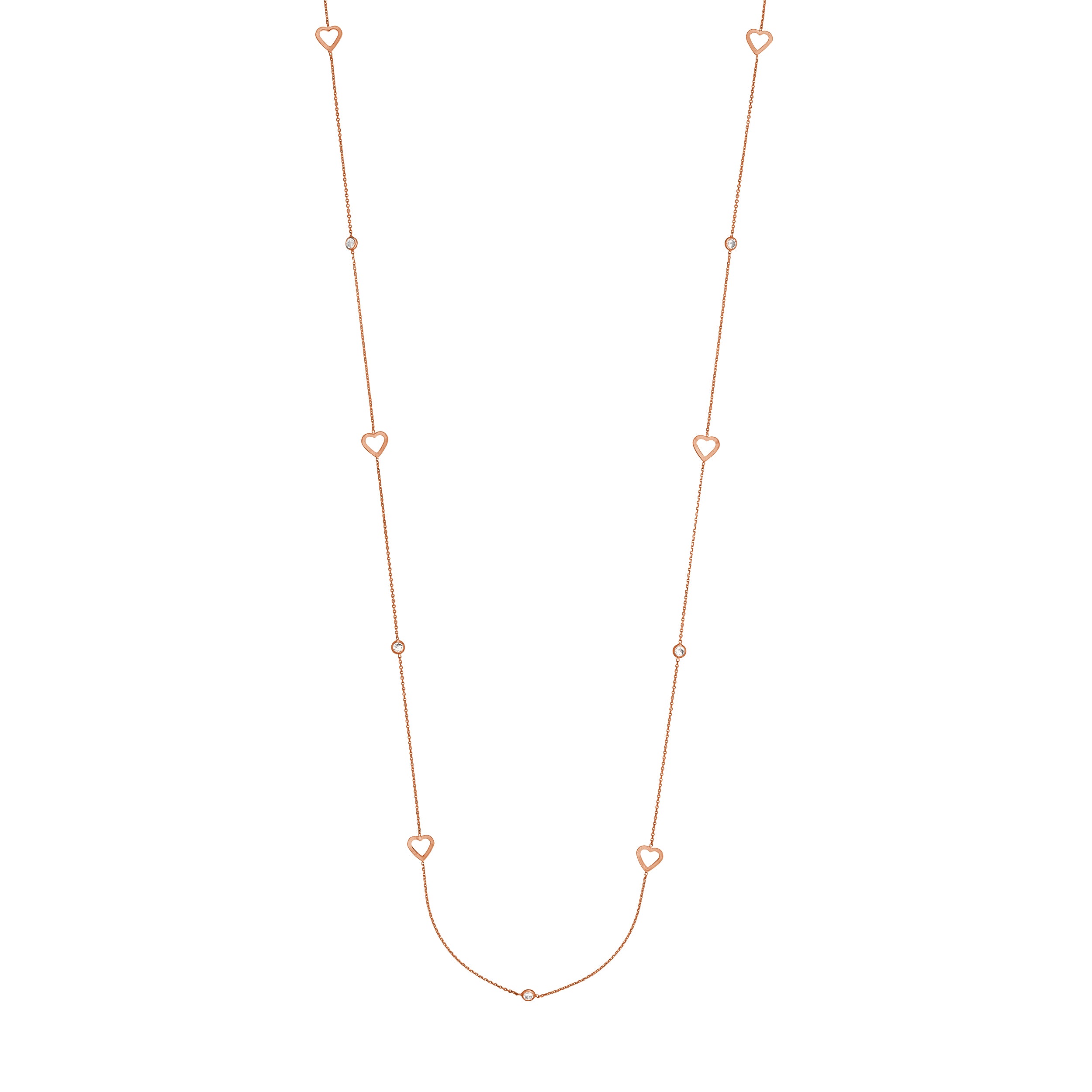 Sterling Silver CZ and Open Heart Station Long Necklace