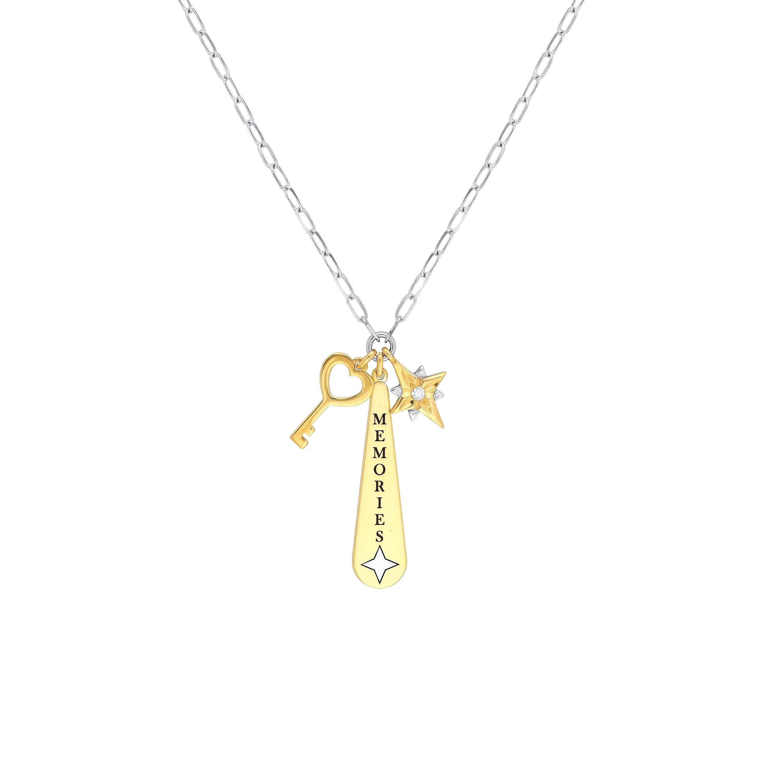Sterling Silver CZ Memories Paper Clip Chain Charm Necklace