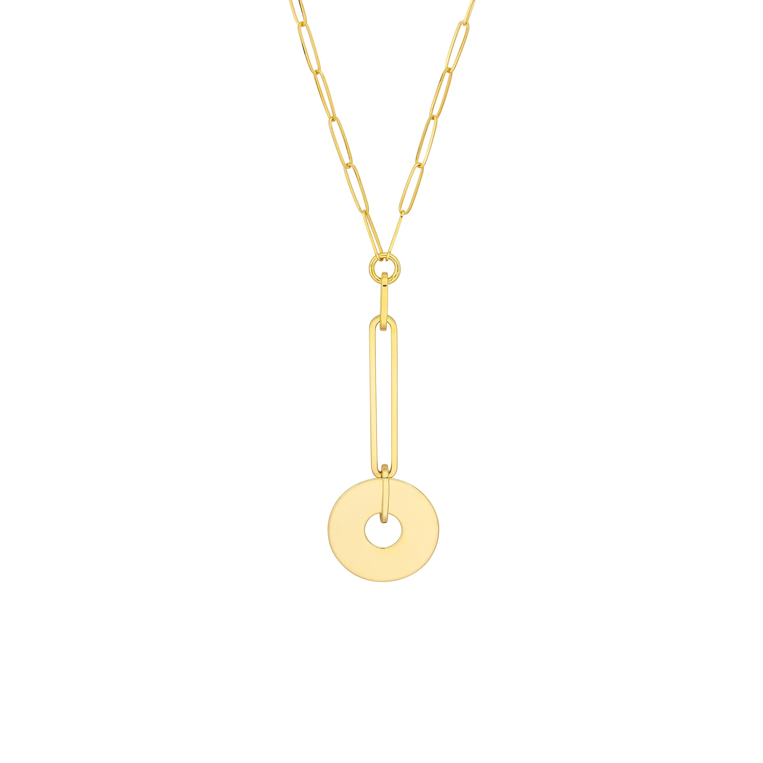 Paper Clip Chain Y-Necklace with Disc Drop