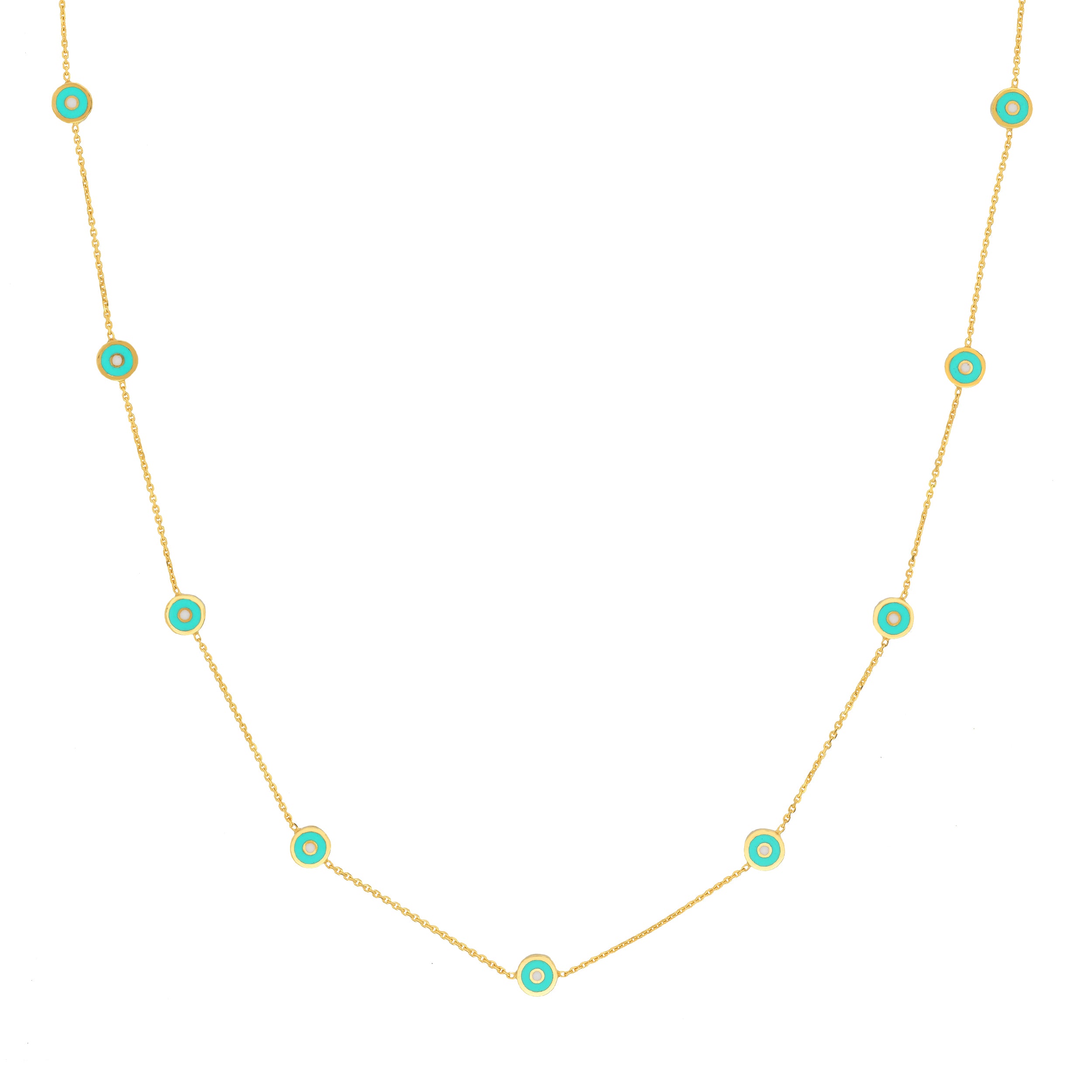 Lt. Turquoise Enamel Round Evil Eye Station Necklace