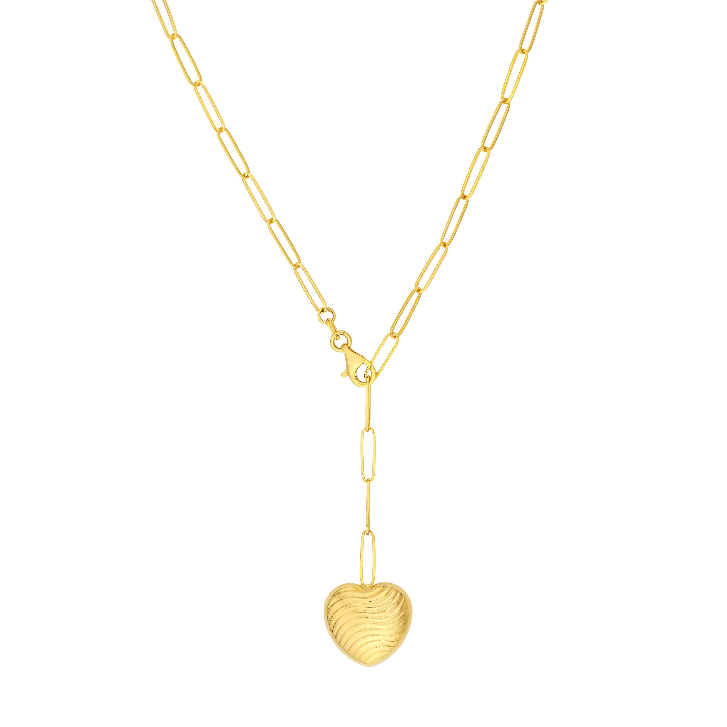 Textured Puff Heart Paper Clip Lariat Necklace
