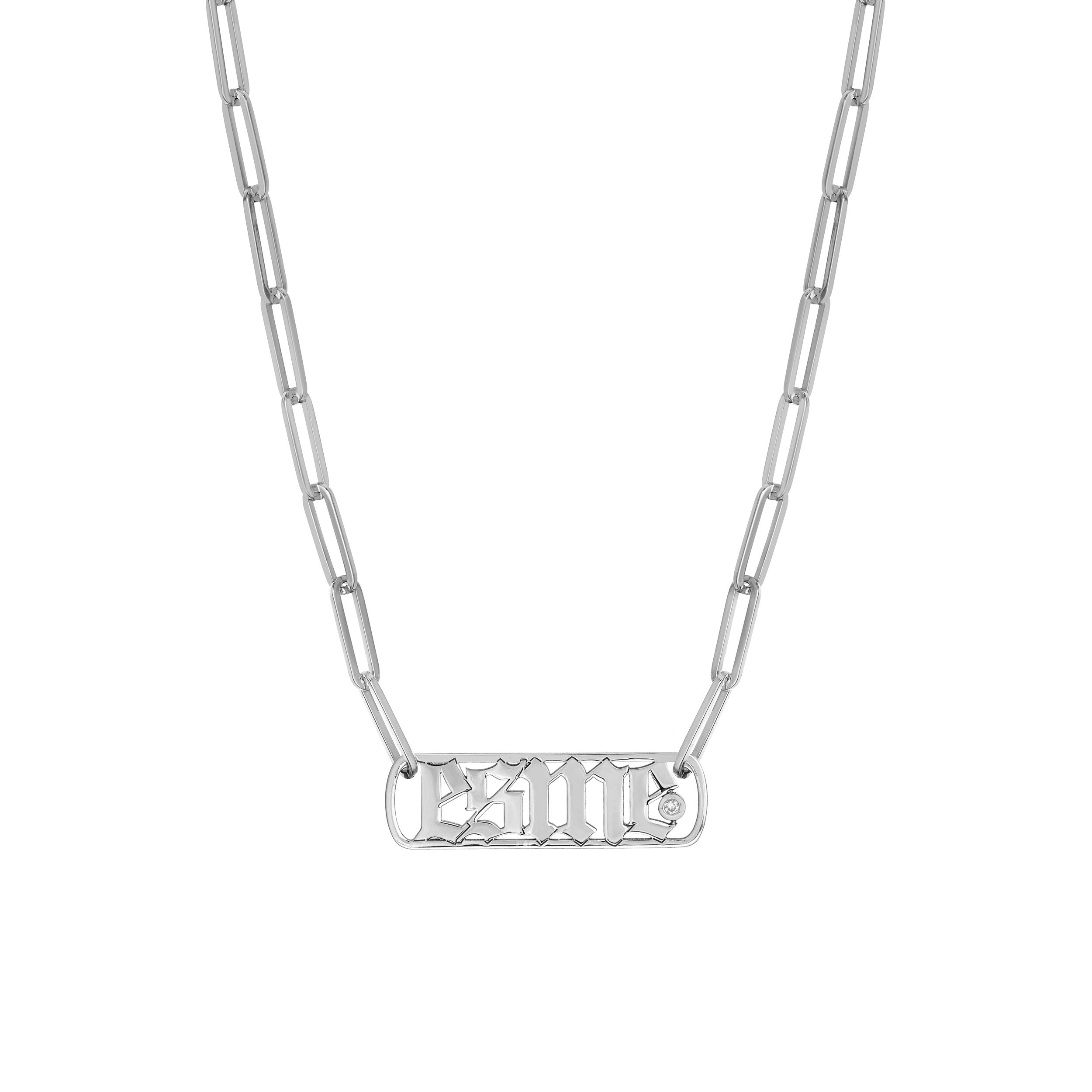 Gothic Nameplate Paper Clip Necklace w/Diamond