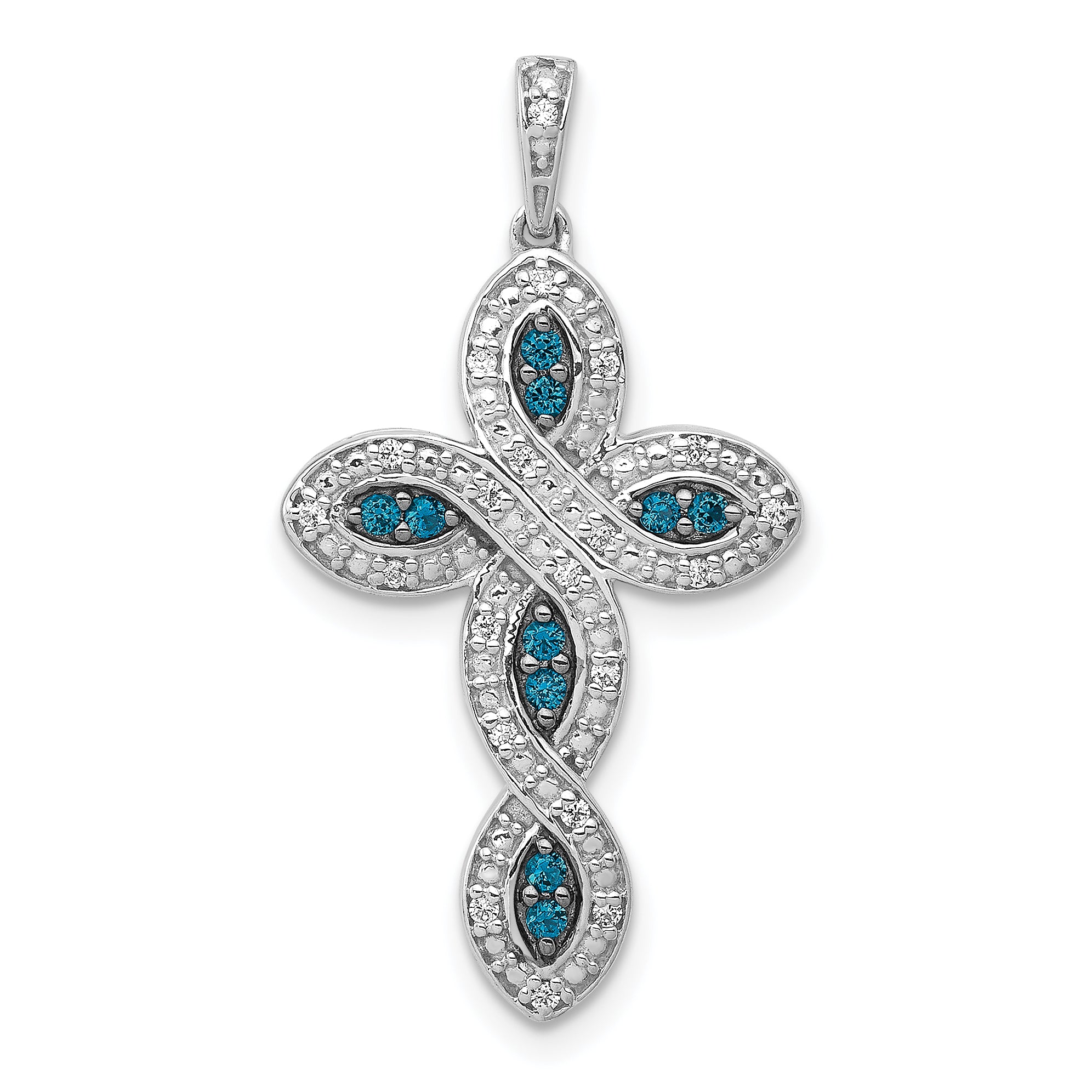 14k White Gold White and Blue Diamond Cross Pendant