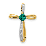 14k w/Rhodium Lab Created Emerald and Diamond Cross Slide
