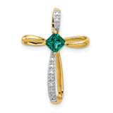 14k w/Rhodium Lab Created Emerald and Diamond Cross Slide