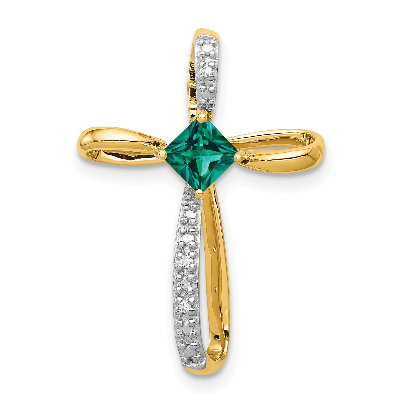 14k w/Rhodium Lab Created Emerald and Diamond Cross Slide