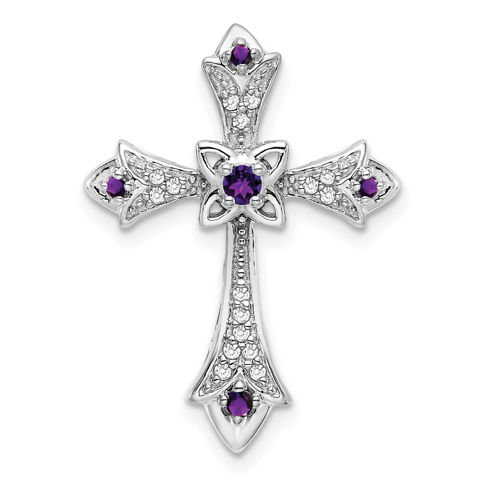 14k White Gold Amethyst and Diamond Fleur de Lis Cross Chain Slide