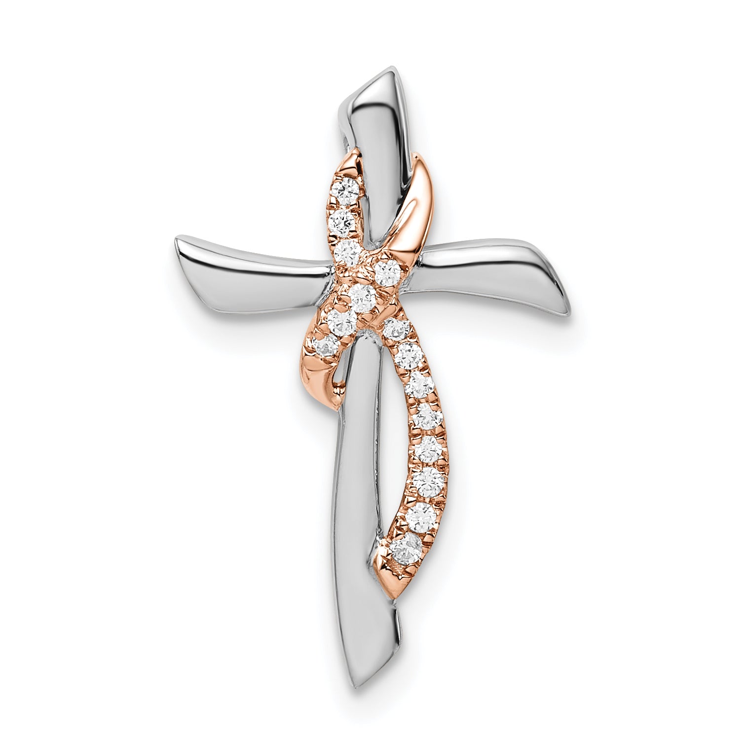 14k Two-tone White & Rose Cross w/Ribbon Diamond Chain Slide