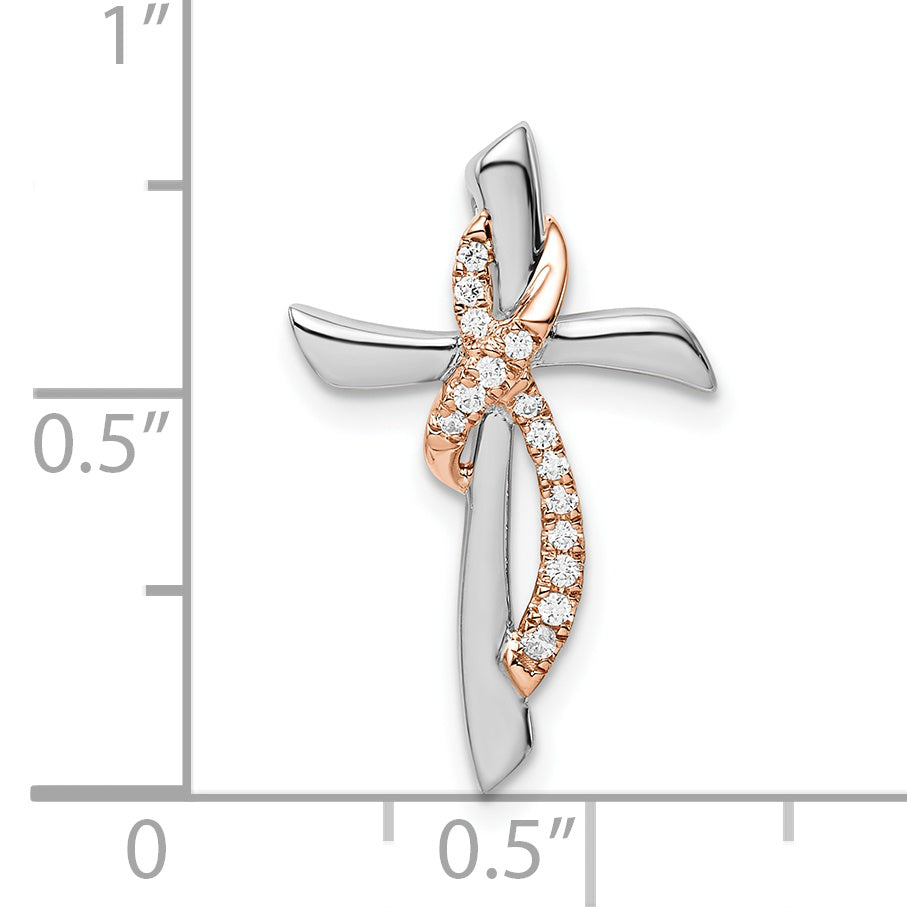 14k Two-tone White & Rose Cross w/Ribbon Diamond Chain Slide