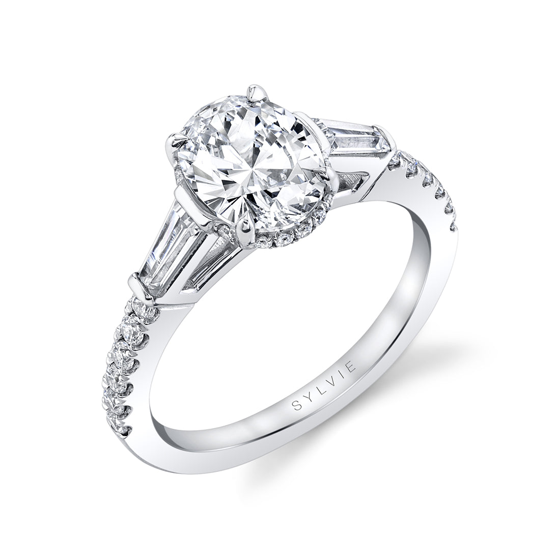 Oval Cut Classic Hidden Halo Engagement Ring with Baguette Side Stones - Isla