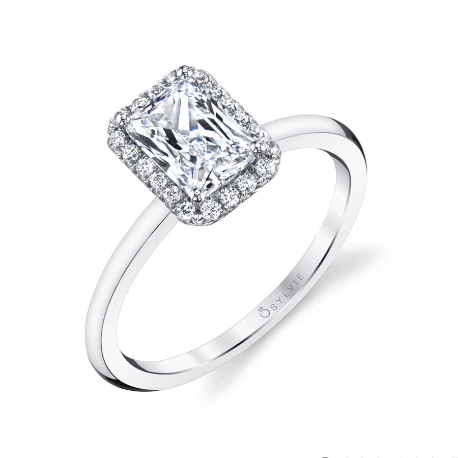 Emerald Cut Solitaire Halo Engagement Ring - Elsie