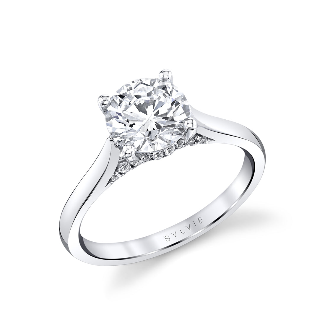 Diamond Bridge Accent Hidden Halo Round Cut Engagement Ring - Lisa