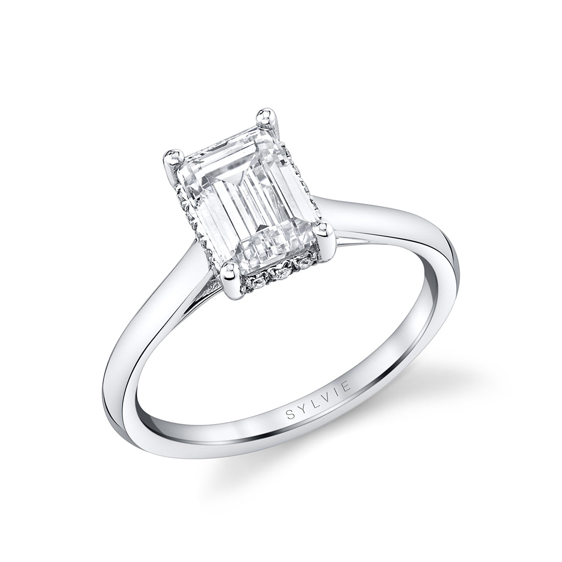 Emerald Cut Solitaire Hidden Halo Engagement Ring - Elliott