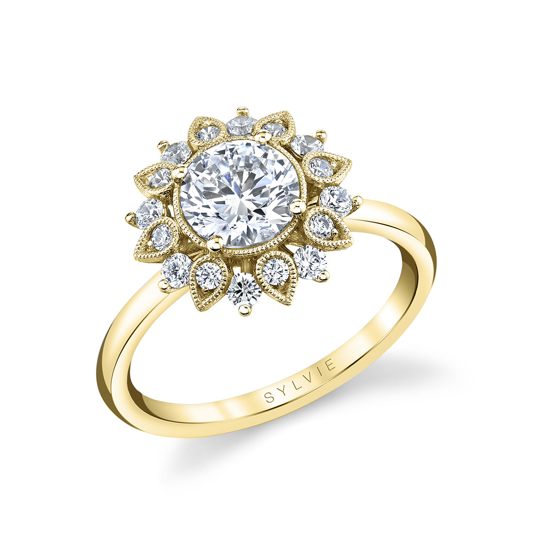 Tulira Solitaire Engagement Ring With Milgrain Floral Halo - Carissa