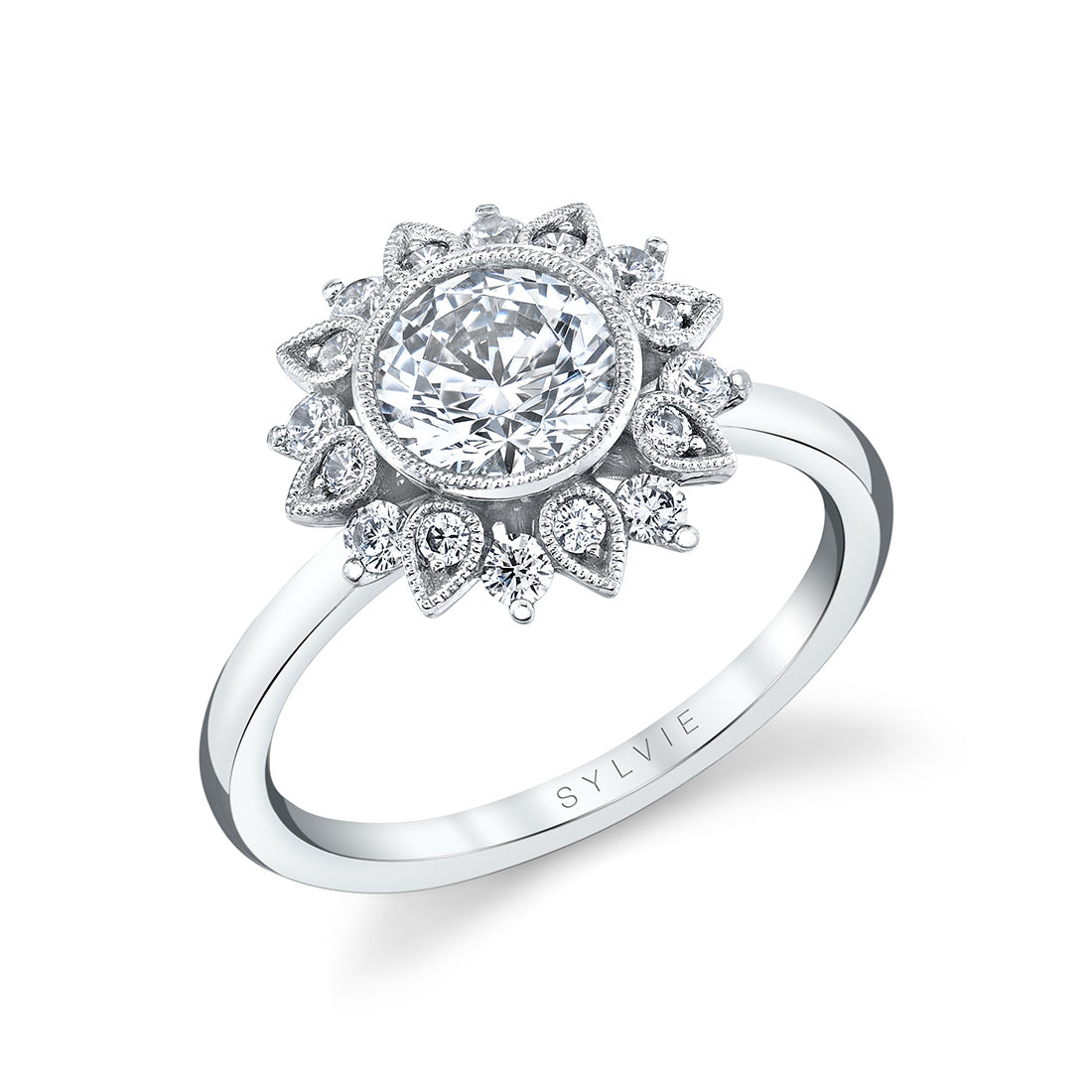Round Cut Solitaire Floral Halo Engagement Ring - Carrie